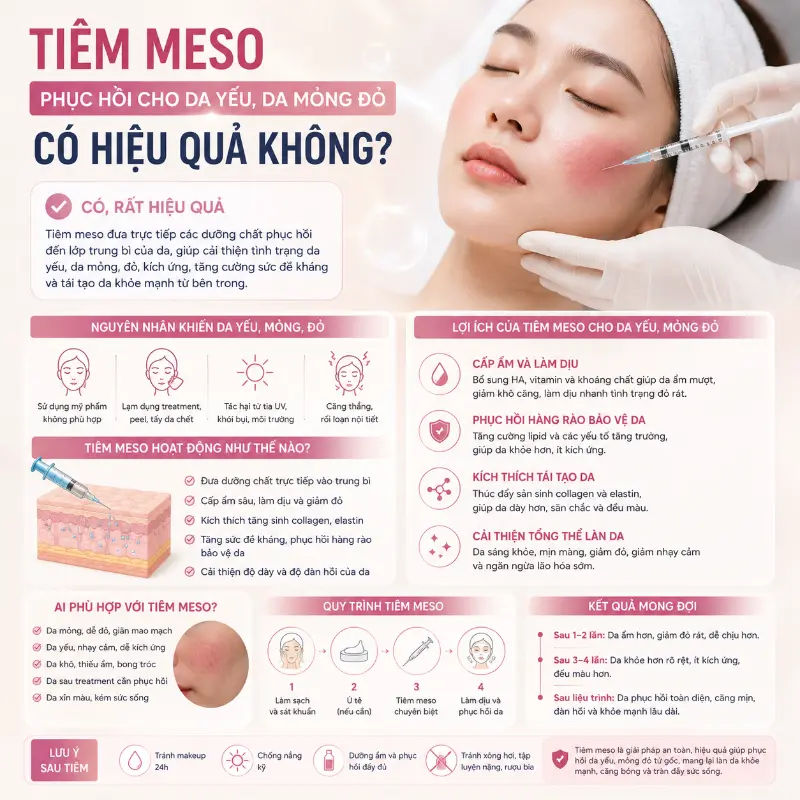 Tiêm meso phục hồi cho da yếu, da mỏng đỏ có hiệu quả không? 